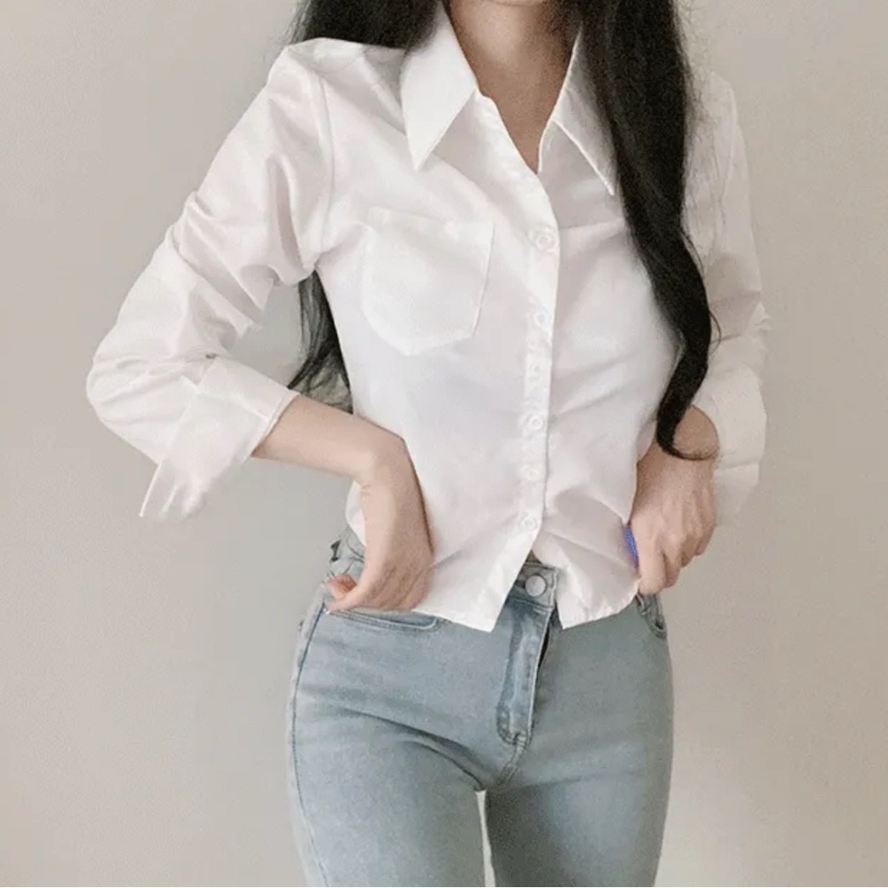 Korean Crop White Button-Up Shirt